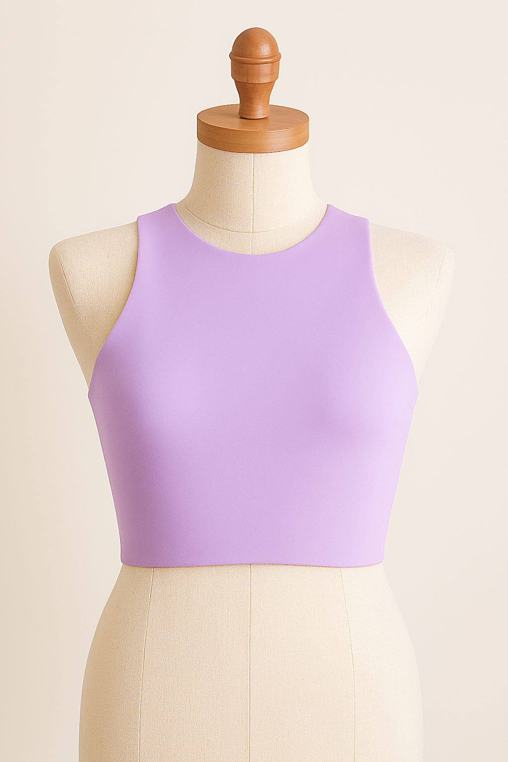 Lavender sleeveless crop top displayed on off-white mannequin with wooden finial against beige background.