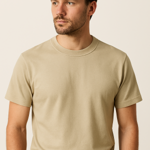 Young man wearing a beige crewneck T-shirt, standing against a neutral background with a calm expression.