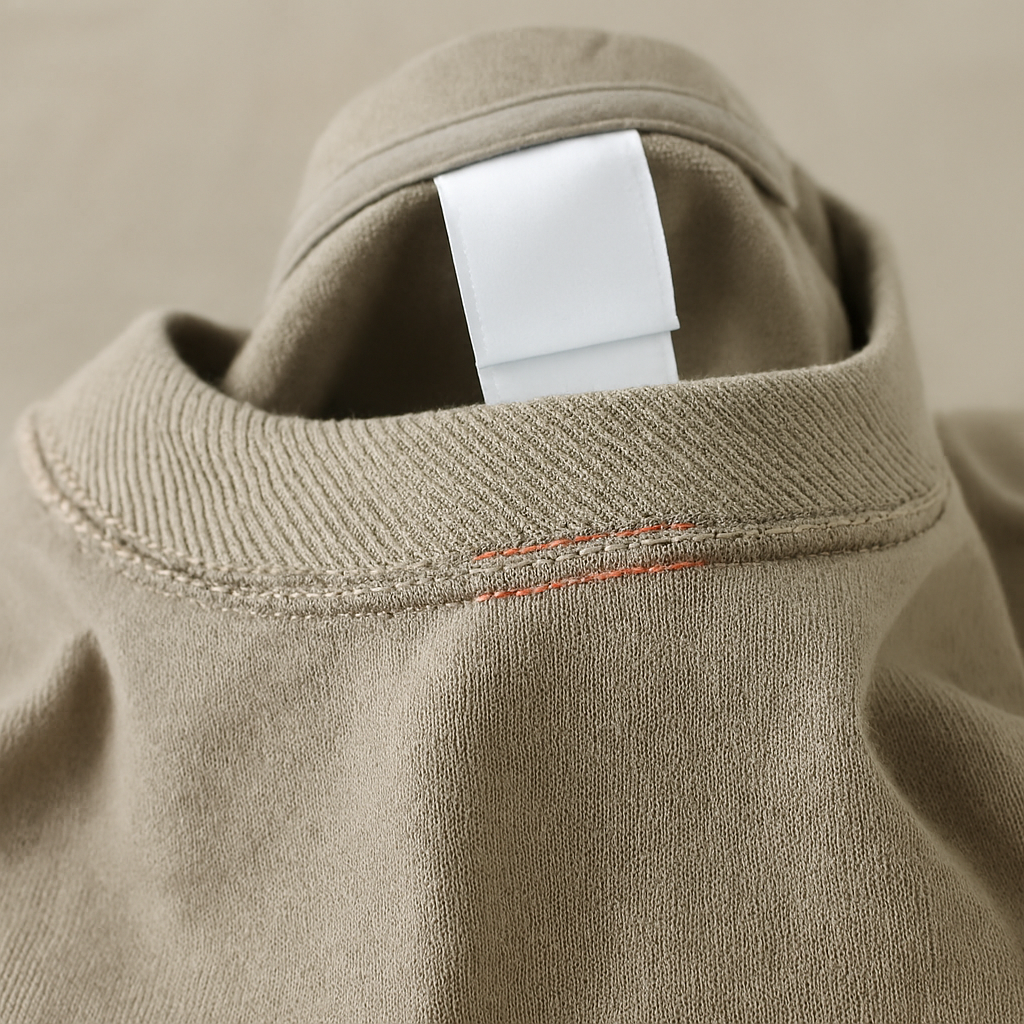 Beige crewneck collar with blank white label and red double stitching detail.