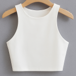 White sleeveless crop top on wooden hanger against gray fabric backdrop.